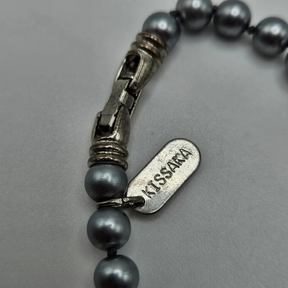 VINTAGE Kissaka Signed Gray Grey Glass Pearl Beaded Bracelet